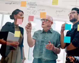 Retiree freelancer consultant working on a project with a team.